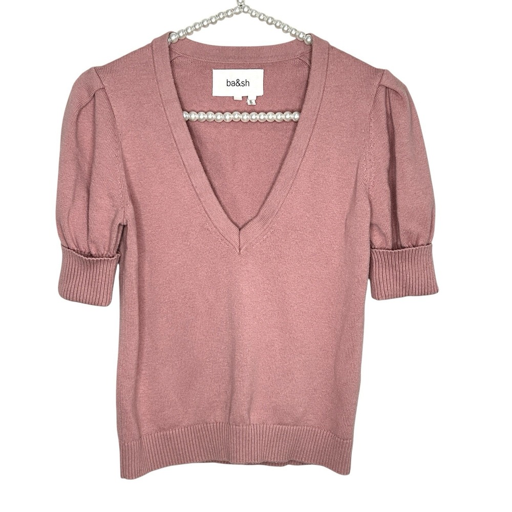 ba&sh Lady Pullover Sweater XS Preppy Coquette Twee Wool Blend V Neck‎ Pink
